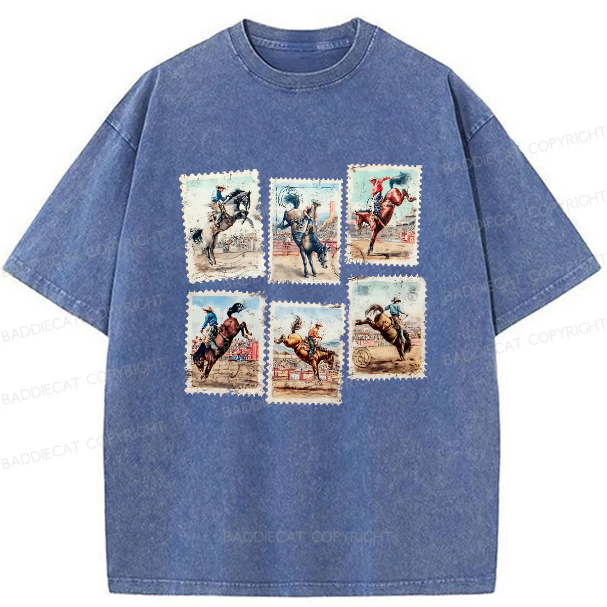 Baddiecat Rodeo Bucking Horse Western Cowboy Washed T-shirt
