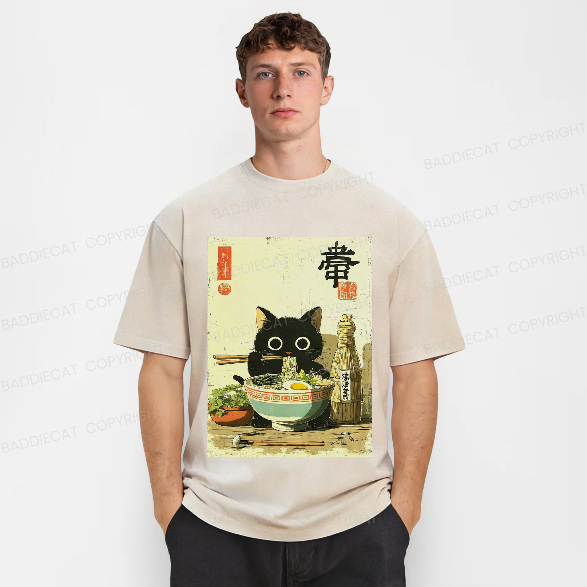 Baddiecat Ramen Cat Washed T-shirt
