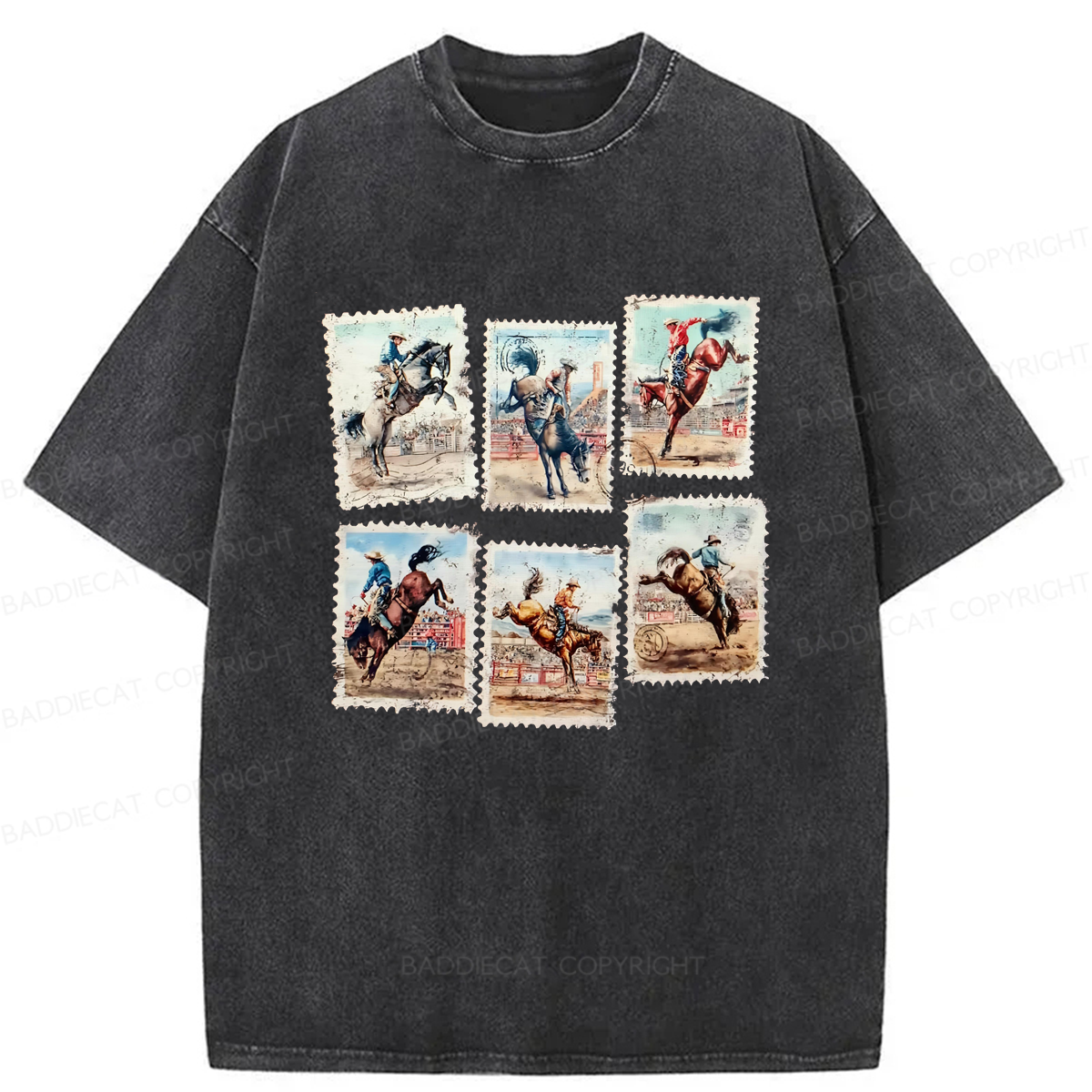 Baddiecat Rodeo Bucking Horse Western Cowboy Washed T-shirt