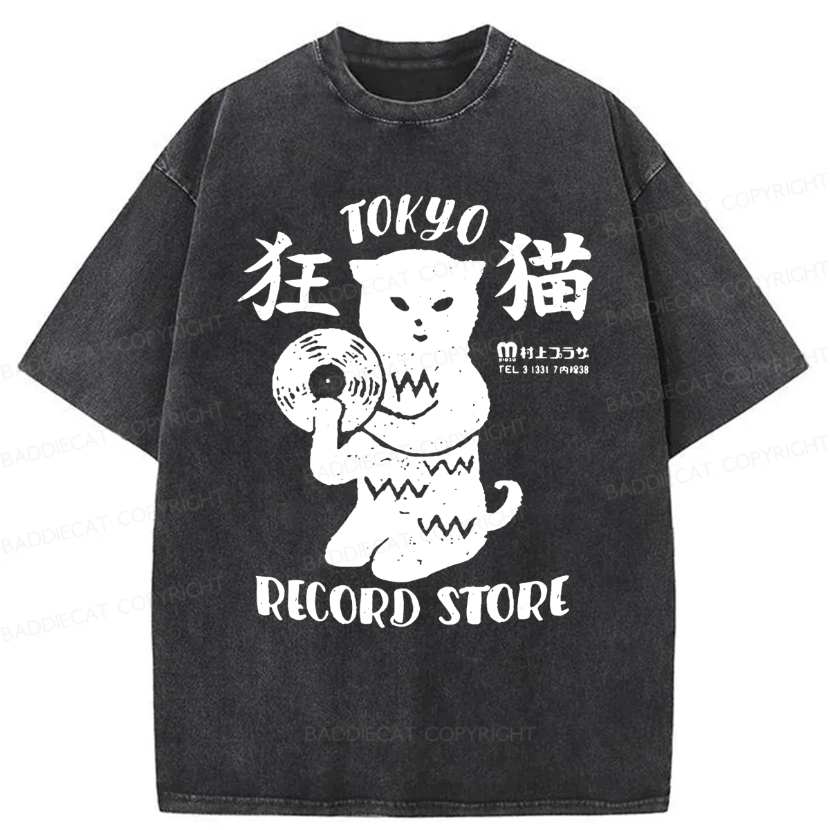 Baddiecat Japanese Tokyo Black Cat Record Store Washed T-shirt