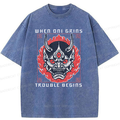 Baddiecat When Oni Grins Trouble Begins Washed T-shirt
