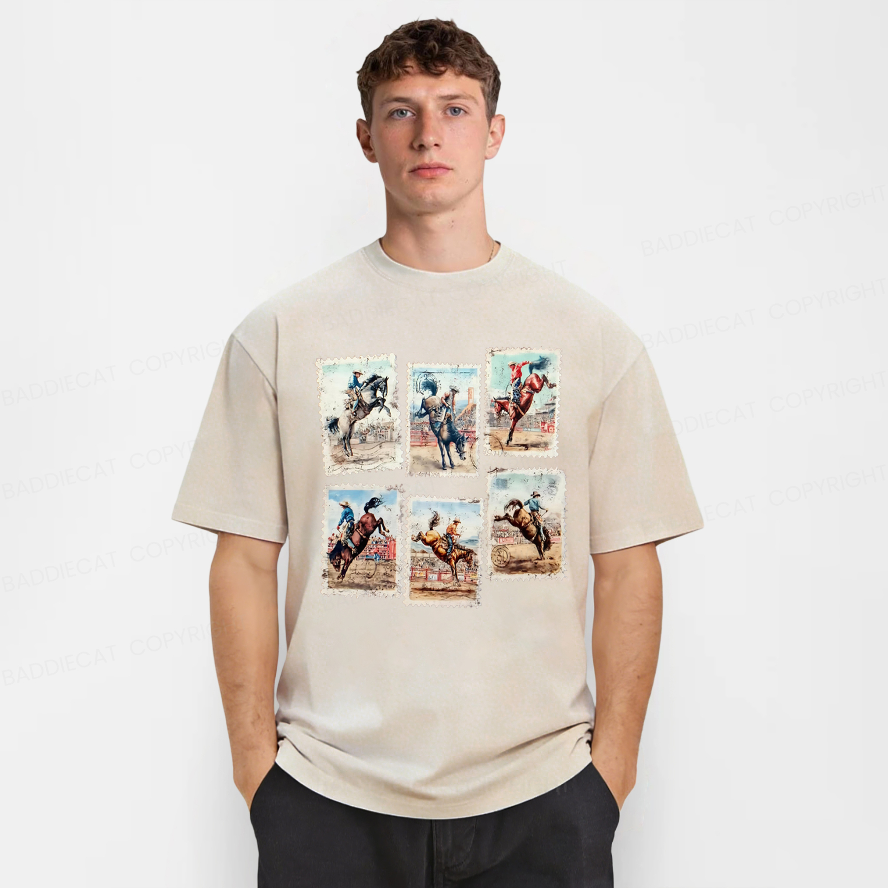 Baddiecat Rodeo Bucking Horse Western Cowboy Washed T-shirt