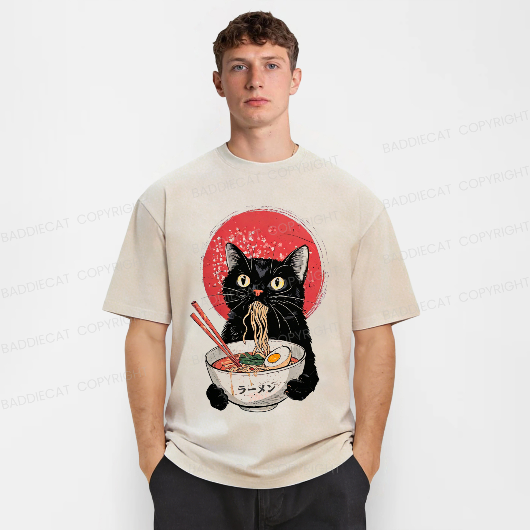 Baddiecat Ramen Cat Washed T-shirt