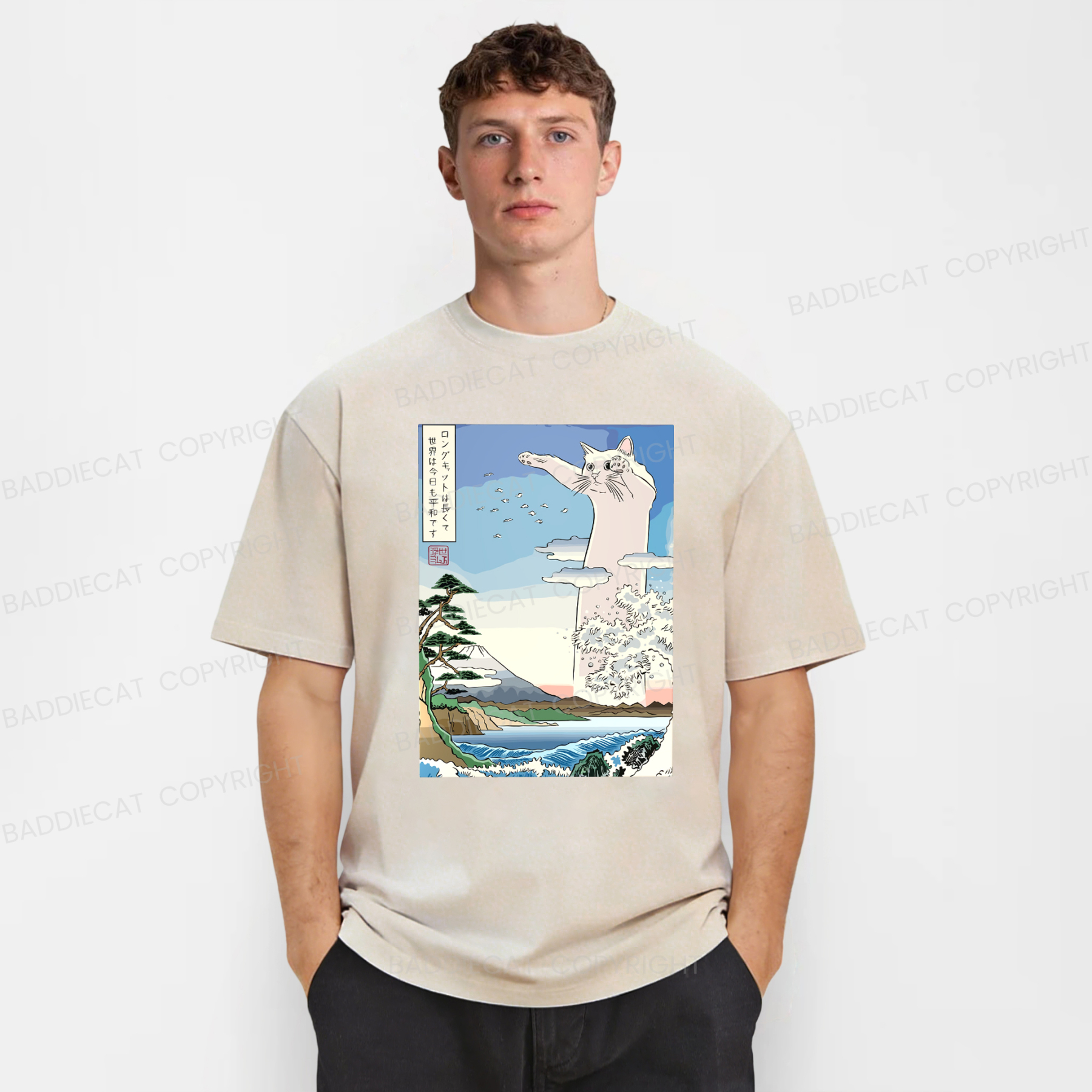 Baddiecat Japanese Long Cat Ukiyo-e Washed T-shirt