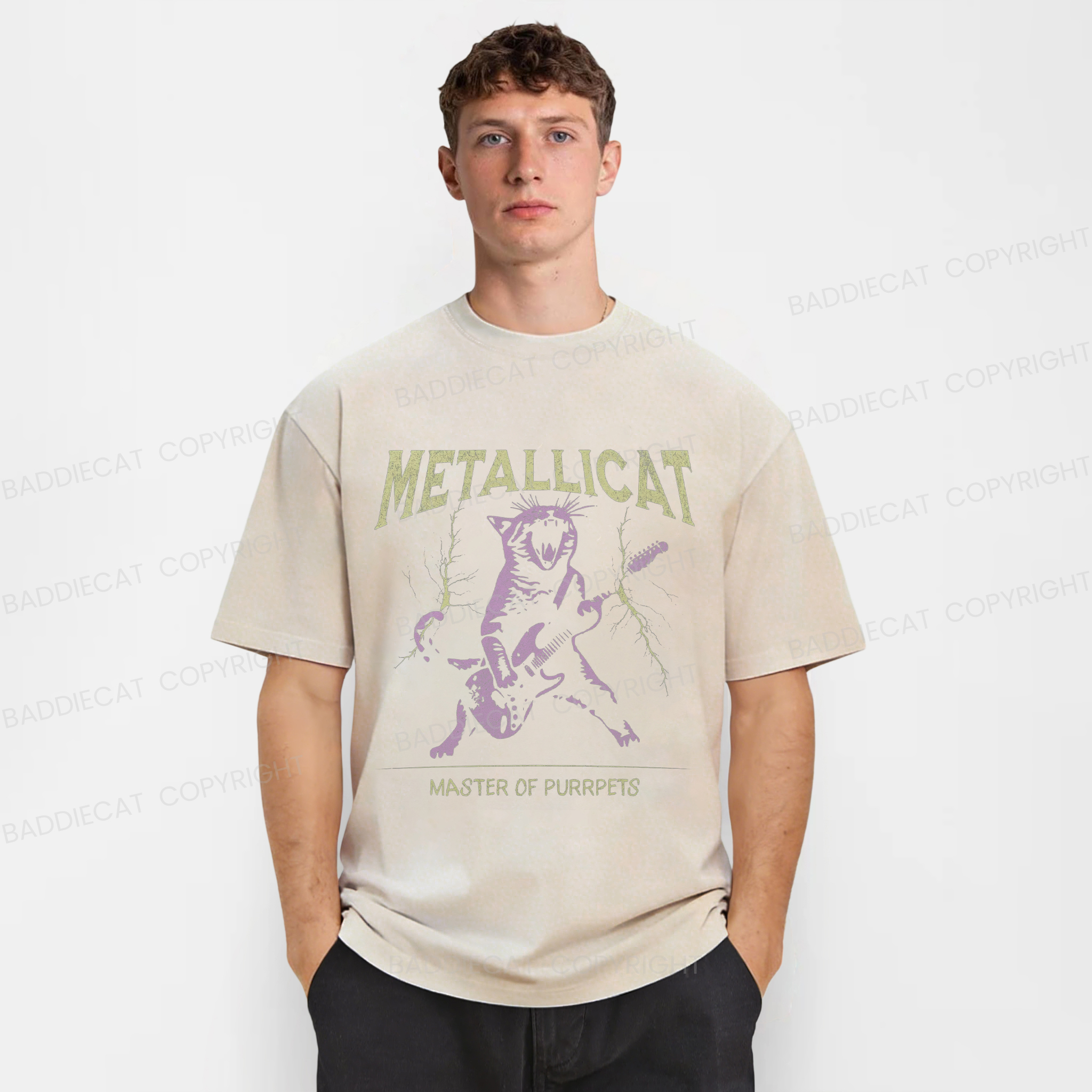 Baddiecat Funny Guitar Cat Washed T-shirt