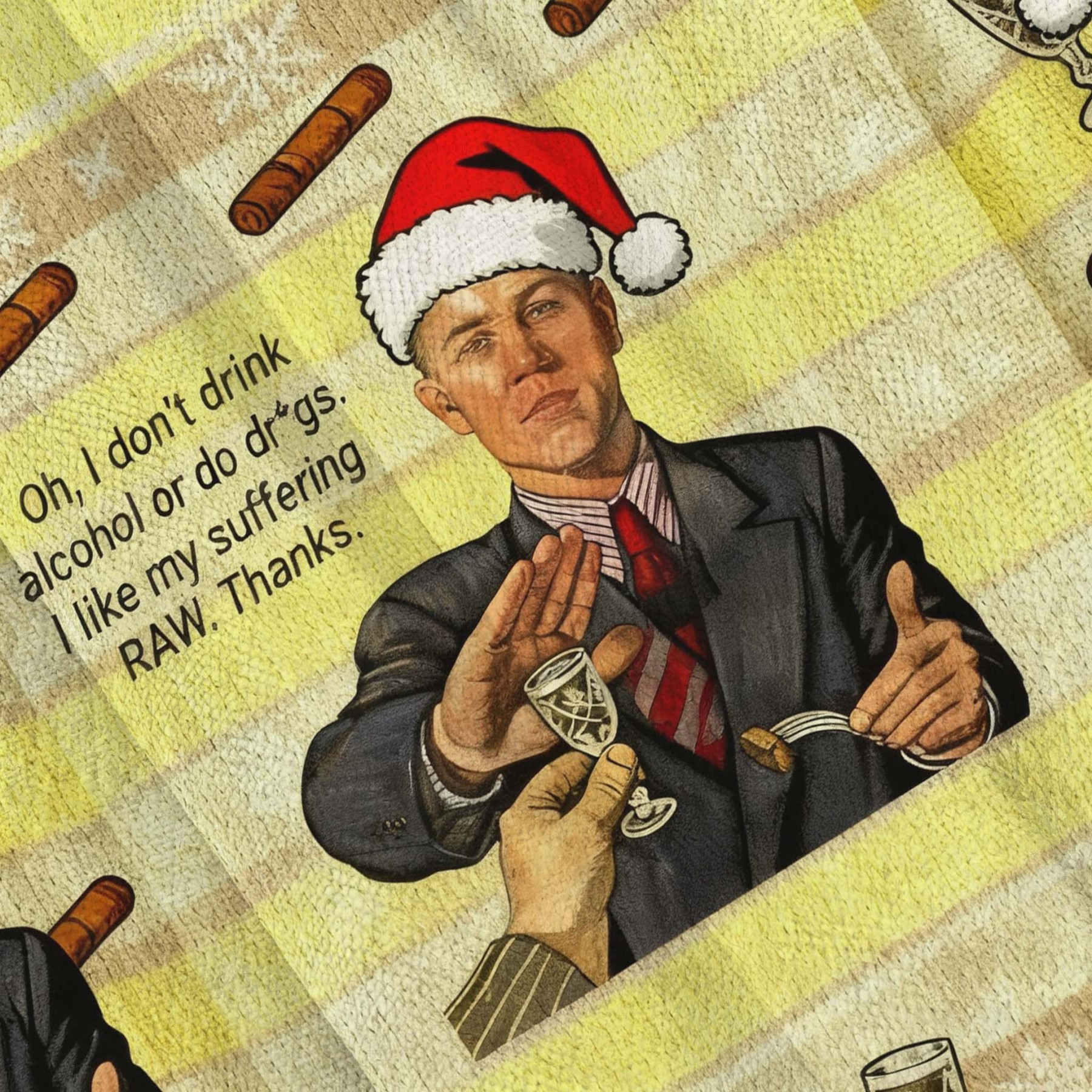 Man Rejecting Drink With 'I Like My Suffering RAW’ Christmas Ugly Sweatshirt