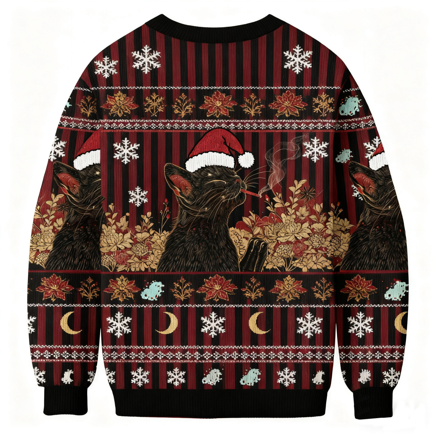 Cool Black Cat Smoking In Artistic Floral Scene Ugly Sweatshirt