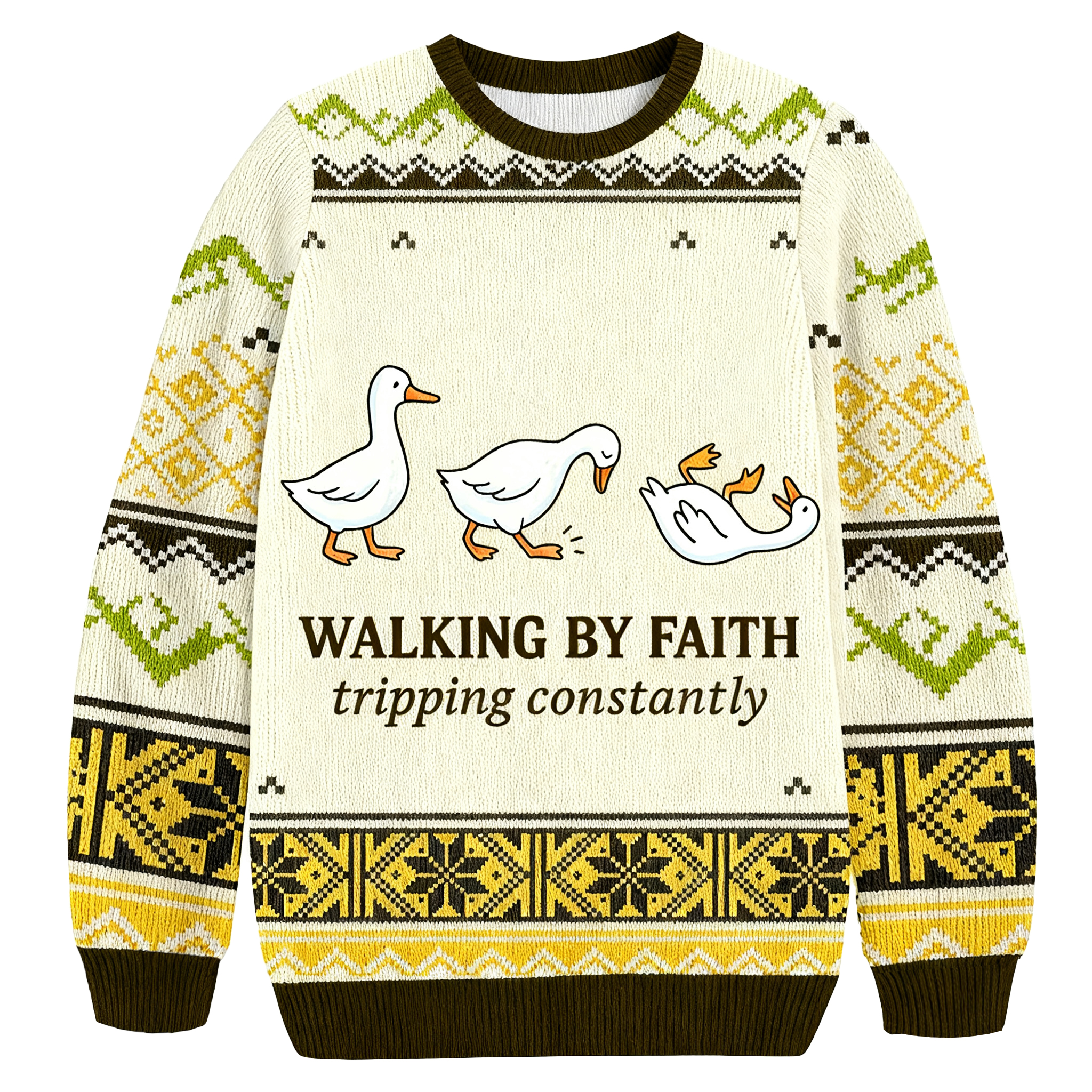 Baddiecat Walking By Faith Tripping Constantly Duck Christmas Ugly Sweatshirt