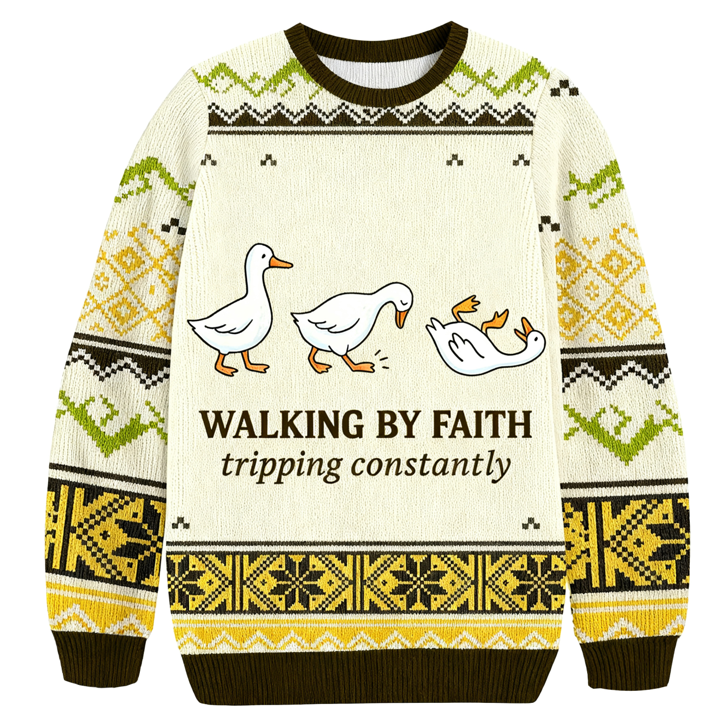 Baddiecat Walking By Faith Tripping Constantly Duck Christmas Ugly Sweatshirt