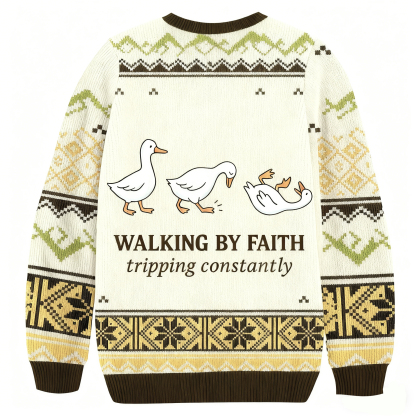 Baddiecat Walking By Faith Tripping Constantly Duck Christmas Ugly Sweatshirt
