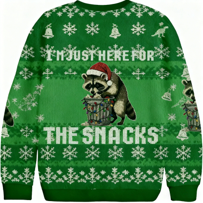 Baddiecat I'm Just Here For The Snacks Raccoon Christmas Ugly Sweatshirt