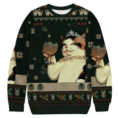 Baddiecat Champagne Cat Christmas Ugly Sweatshirt