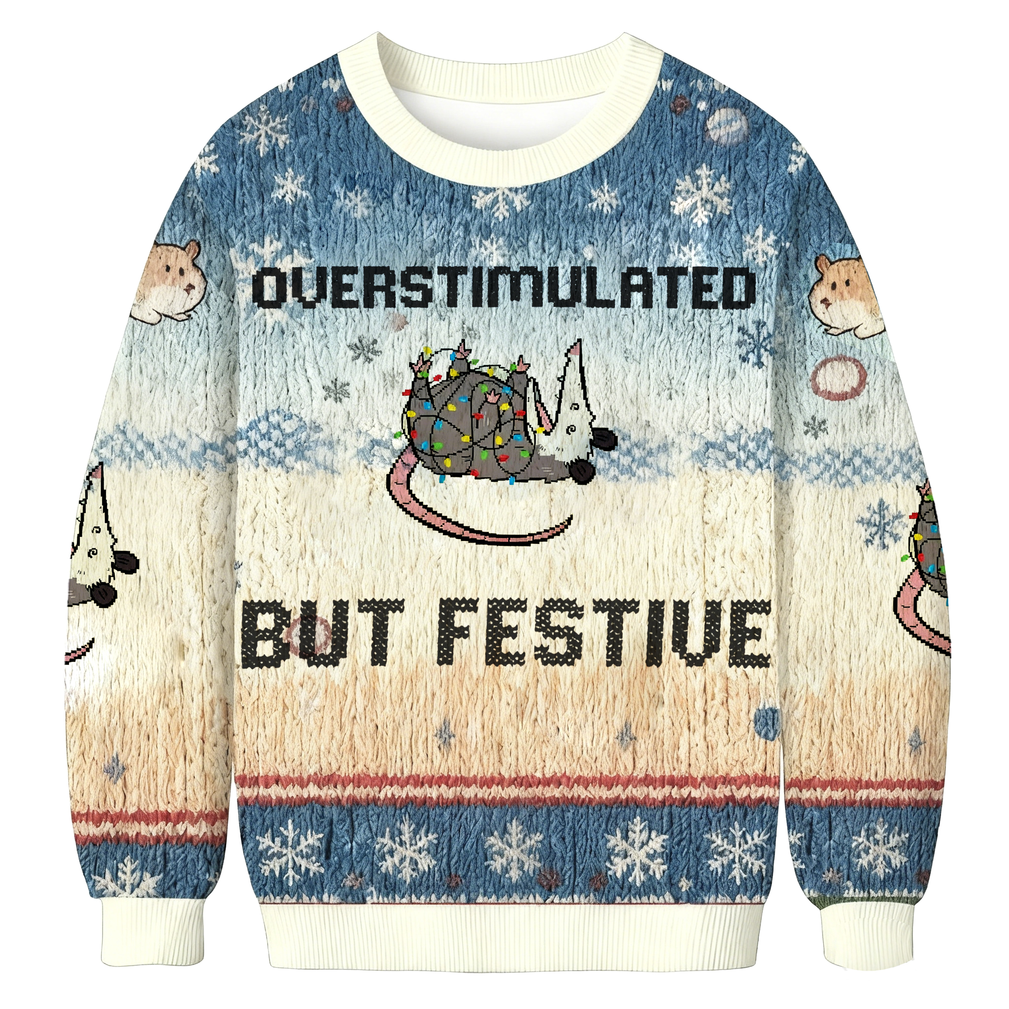 Baddiecat Overstimulated But Festive Opossum Christmas Ugly Sweatshirt