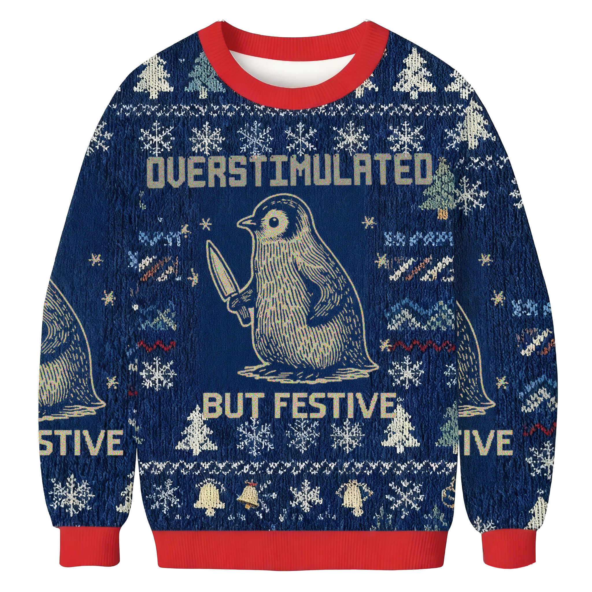Baddiecat Overstimulated But Festive Penguin Christmas Ugly Sweatshirt