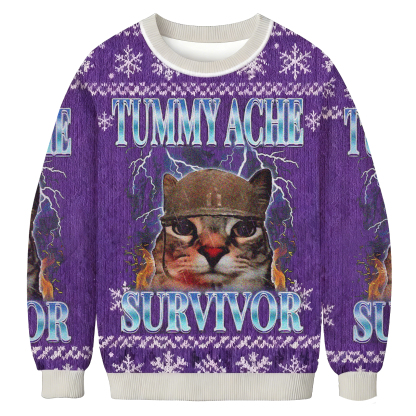 Baddiecat Tummy Ache Survivor Cat Christmas Ugly Sweatshirt