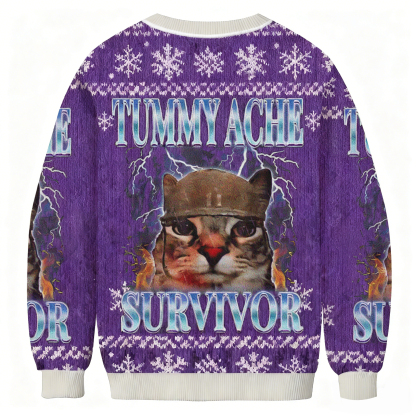 Baddiecat Tummy Ache Survivor Cat Christmas Ugly Sweatshirt