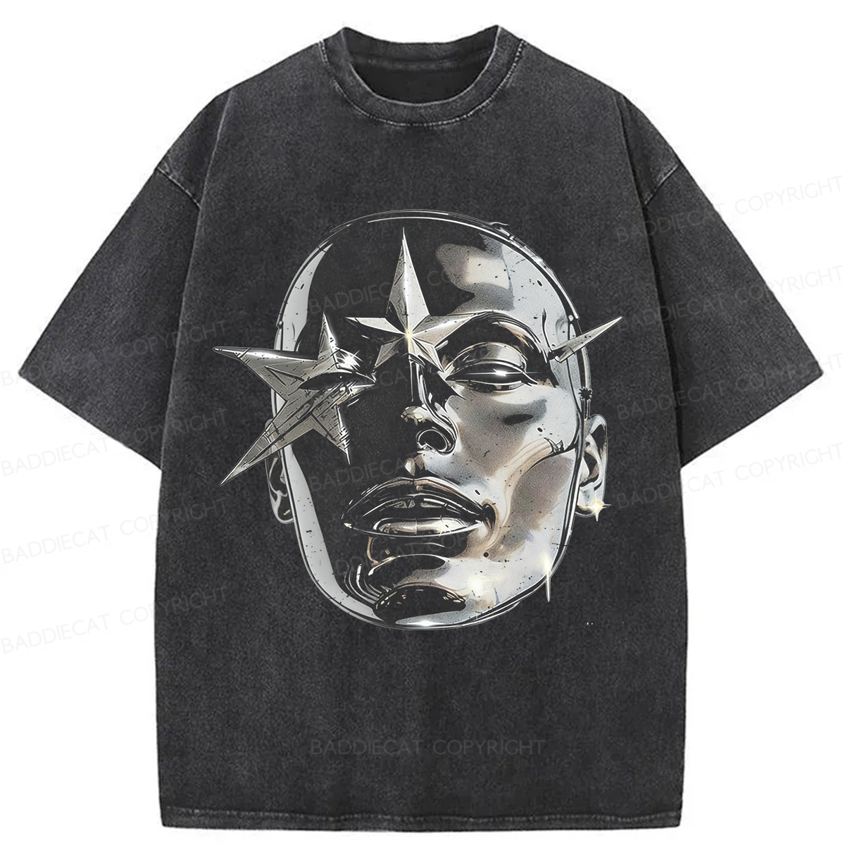 Baddiecat Metallic Texture Face Pattern Washed T-shirt