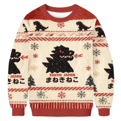 Baddiecat Tokyo Dinosaur Lucky Cat Christmas Ugly Sweatshirt