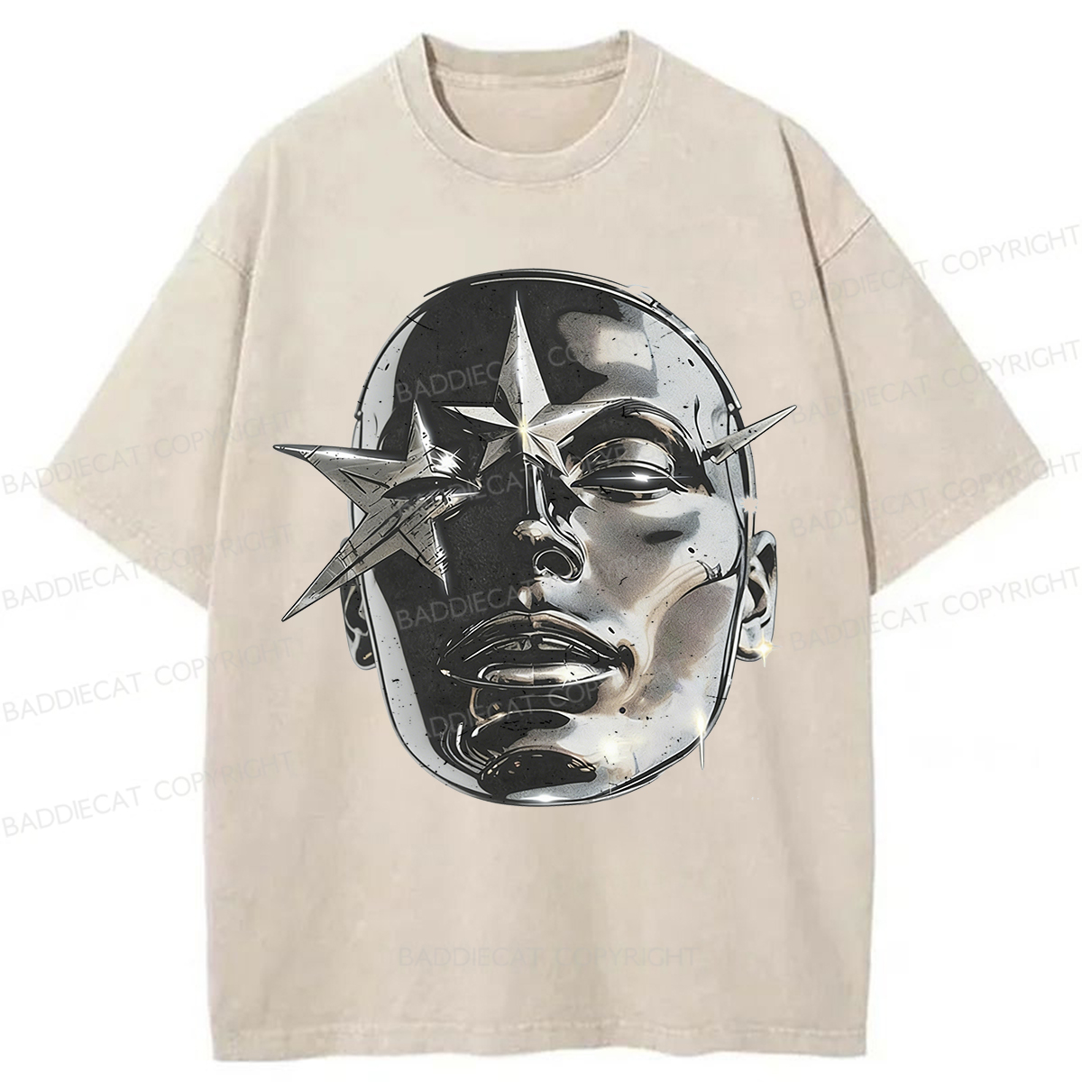 Baddiecat Metallic Texture Face Pattern Washed T-shirt