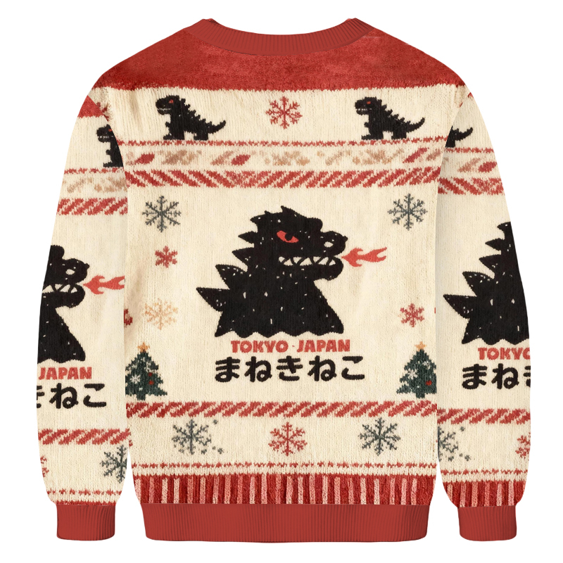 Baddiecat Tokyo Dinosaur Lucky Cat Christmas Ugly Sweatshirt
