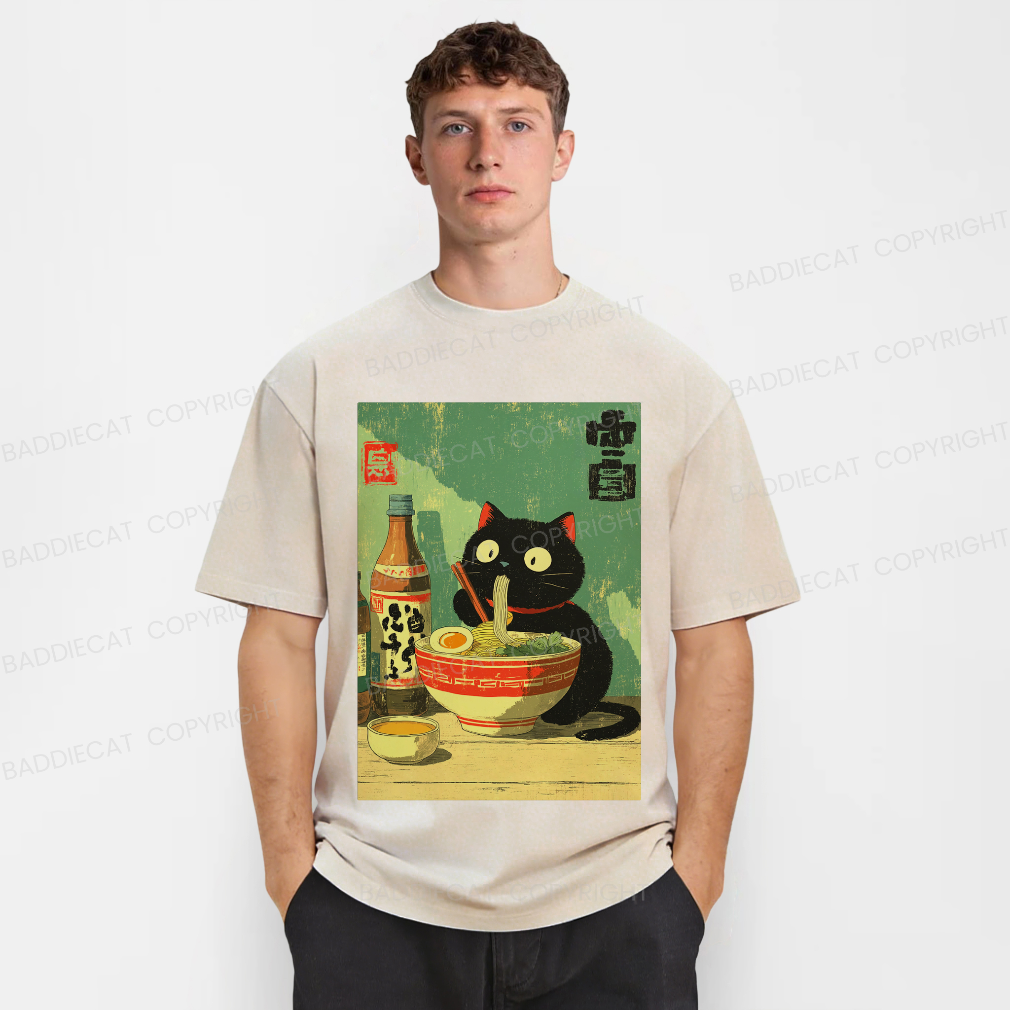 Baddiecat Ramen Cat Washed T-shirt