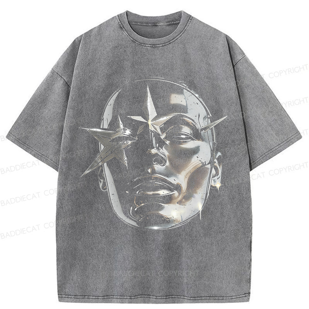 Baddiecat Metallic Texture Face Pattern Washed T-shirt