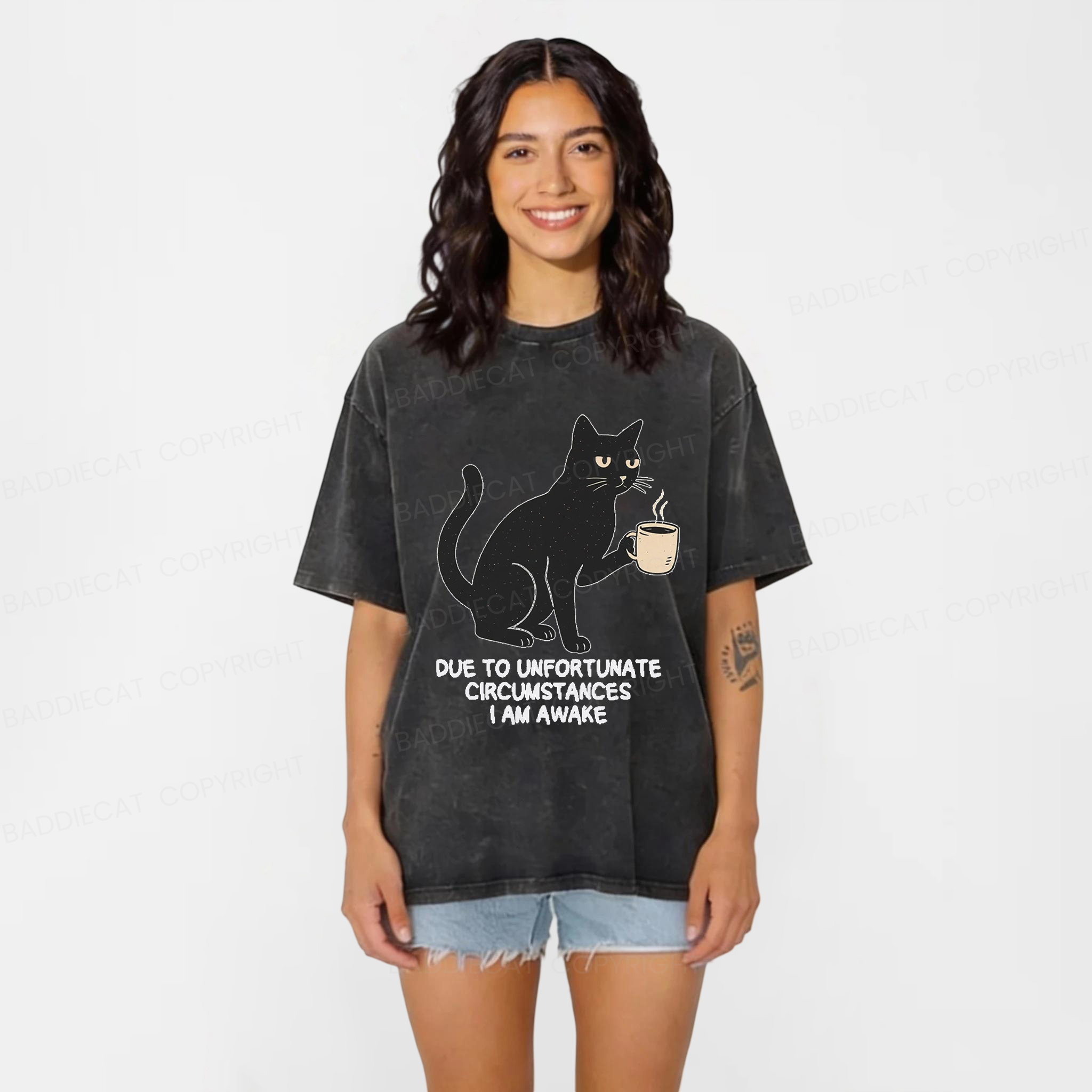 Baddiecat listless black Cat Washed T-shirt