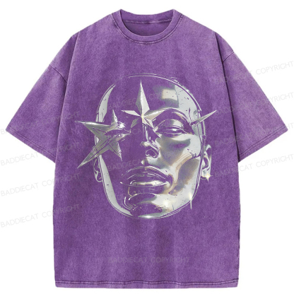 Baddiecat Metallic Texture Face Pattern Washed T-shirt