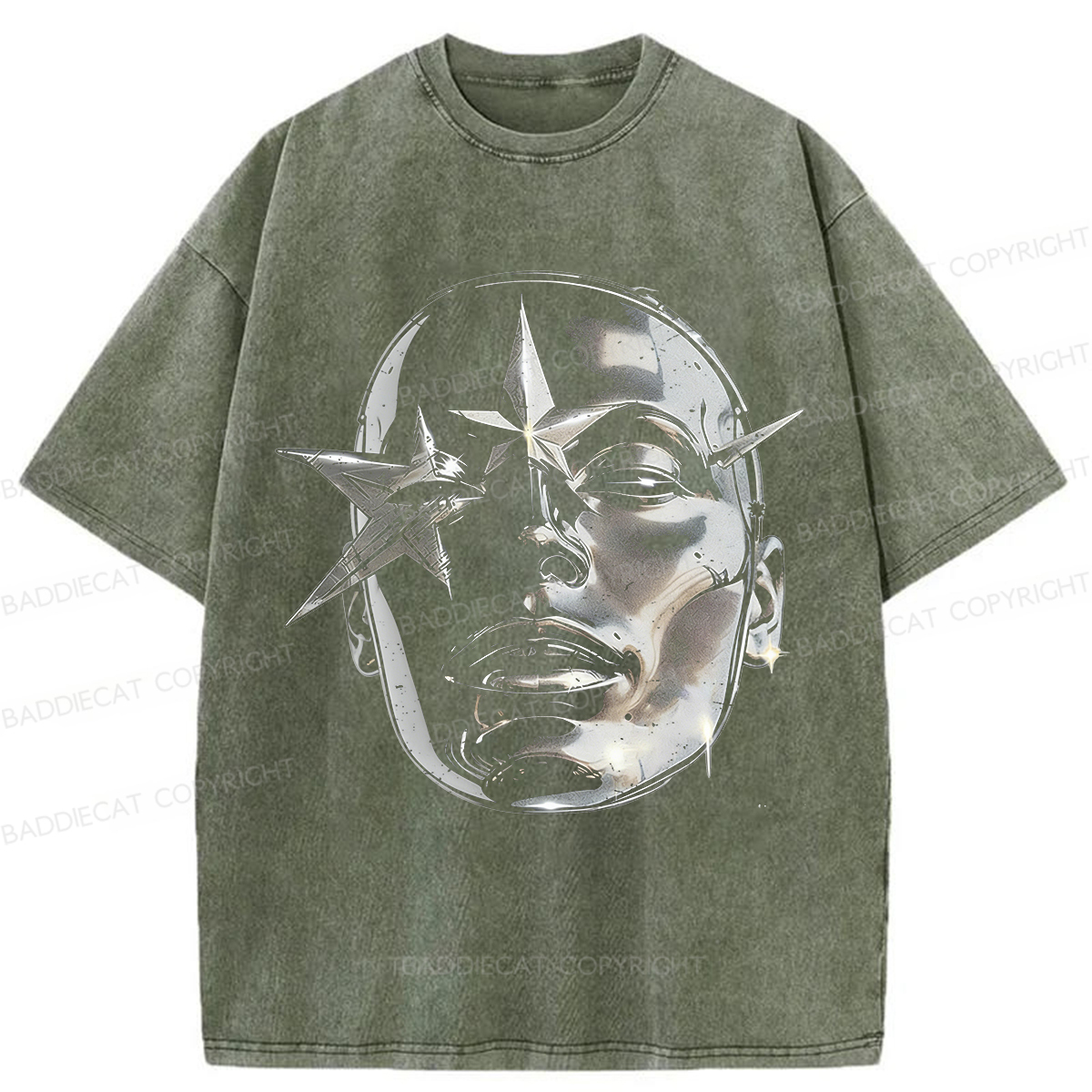 Baddiecat Metallic Texture Face Pattern Washed T-shirt