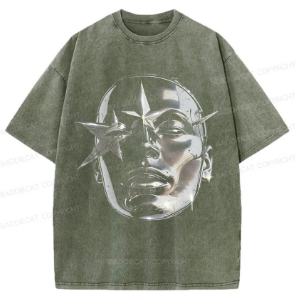 Baddiecat Metallic Texture Face Pattern Washed T-shirt
