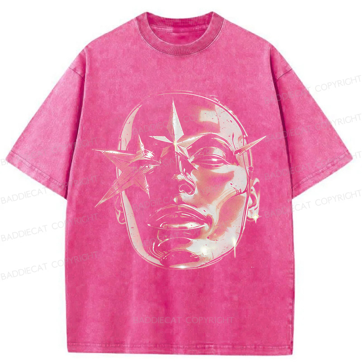Baddiecat Metallic Texture Face Pattern Washed T-shirt