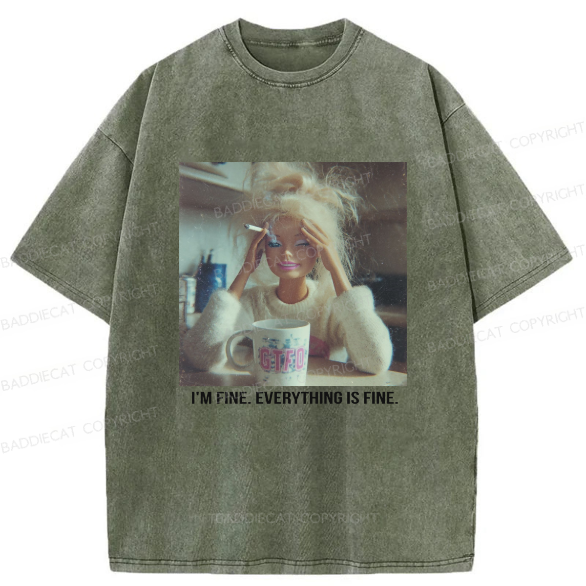 Baddiecat I'm Fine Everything Is Fine Graphic Washed T-shirt