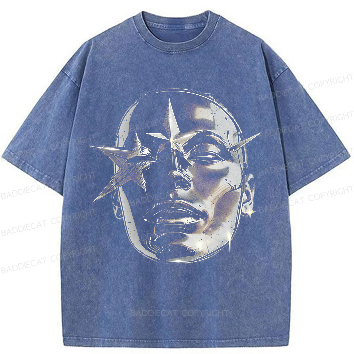 Baddiecat Metallic Texture Face Pattern Washed T-shirt