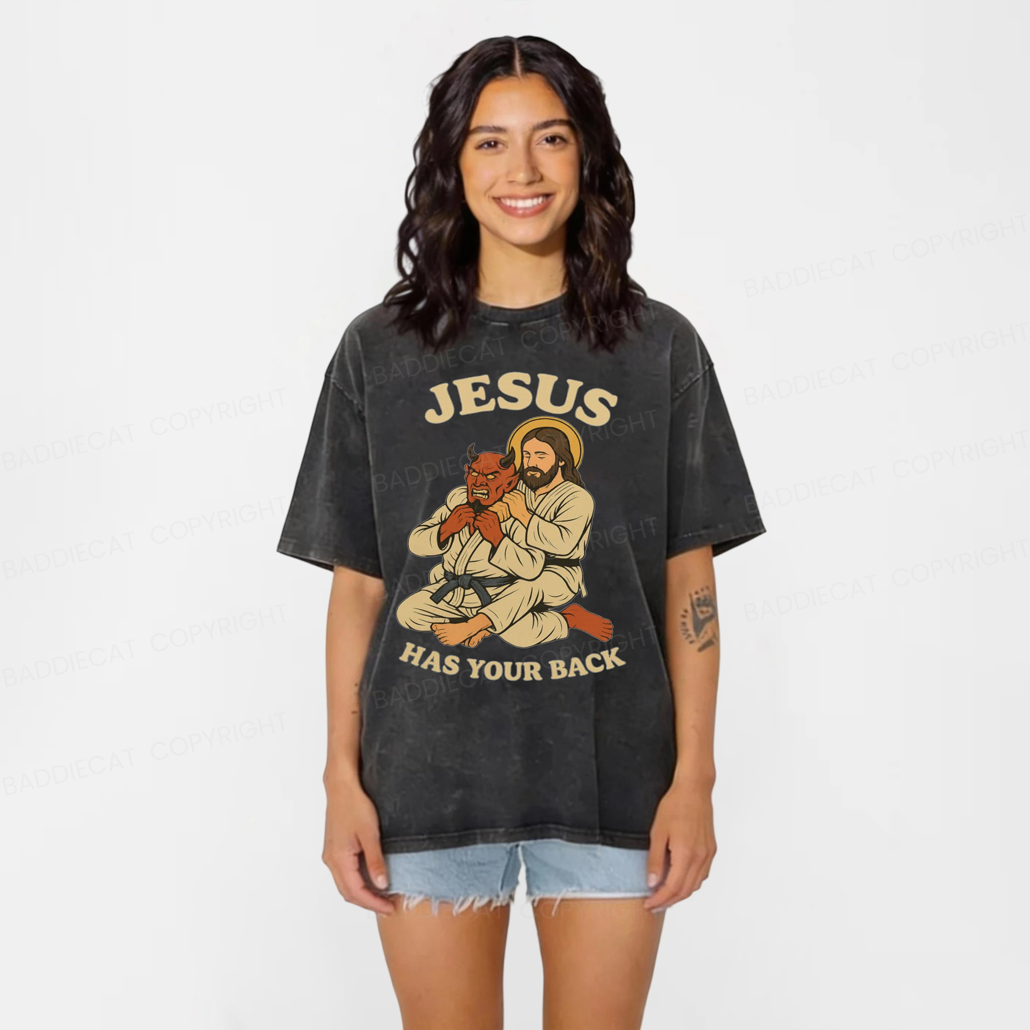 Baddiecat Jesus Has Your Back Washed T-shirt