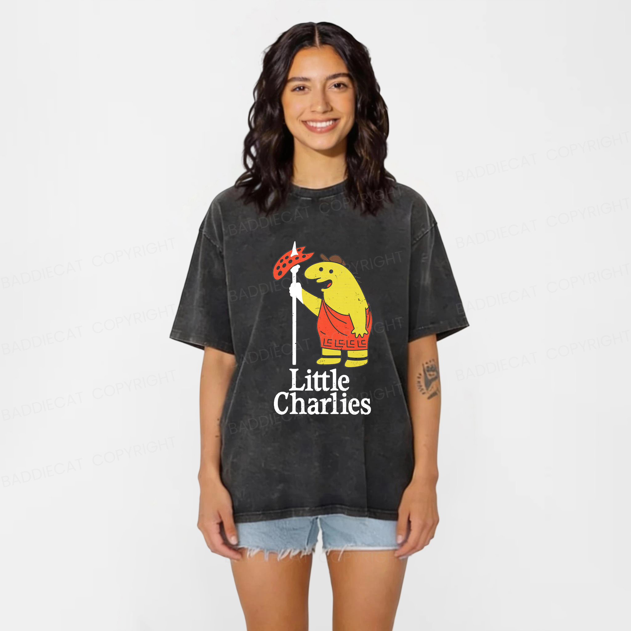 Baddiecat Little Charlie's Funny Meme Washed T-shirt