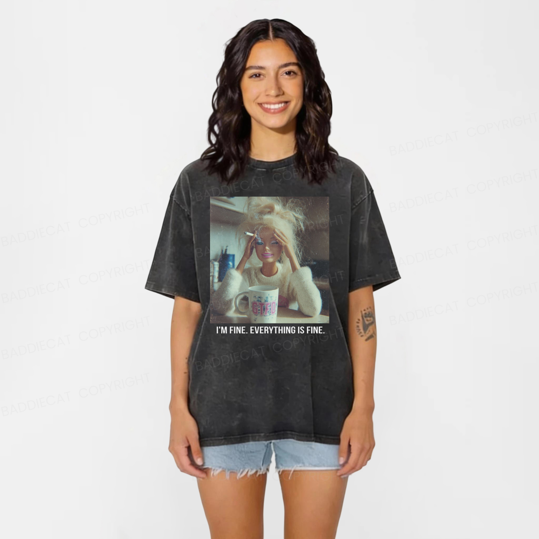 Baddiecat I'm Fine Everything Is Fine Graphic Washed T-shirt