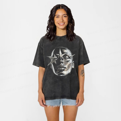 Baddiecat Metallic Texture Face Pattern Washed T-shirt