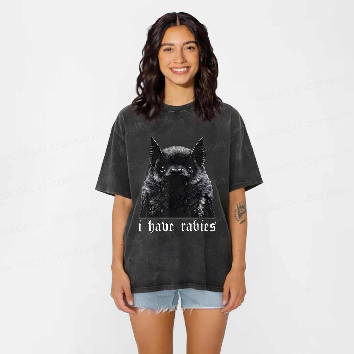 Baddiecat I Have Rabies Bat Pattern Washed T-shirt