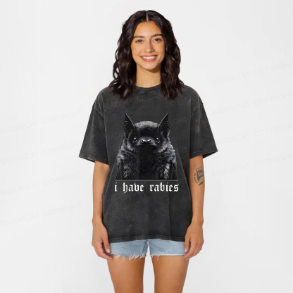 Baddiecat I Have Rabies Bat Pattern Washed T-shirt