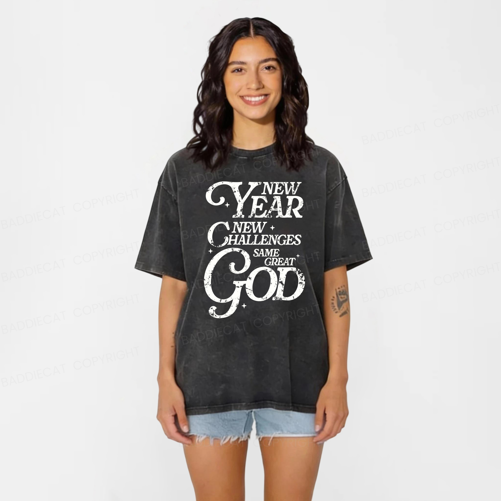 Baddiecat New Year New Challanges Same Great God Washed T-shirt