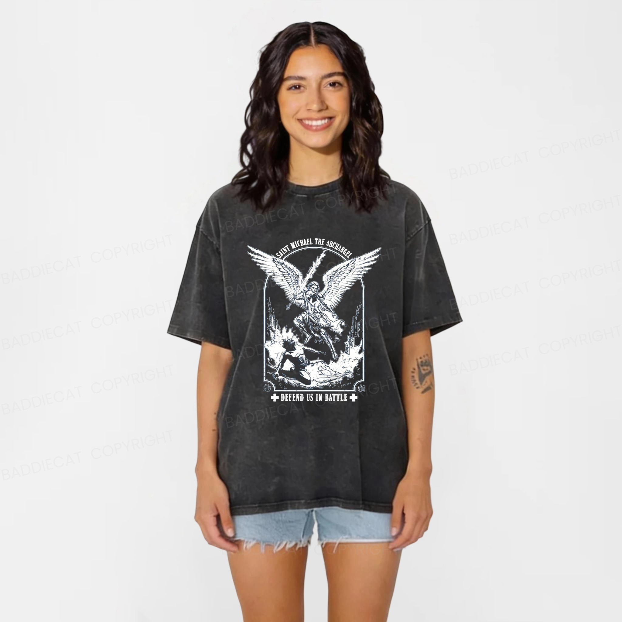 Baddiecat Saint Michael The Archangel Washed T-shirt