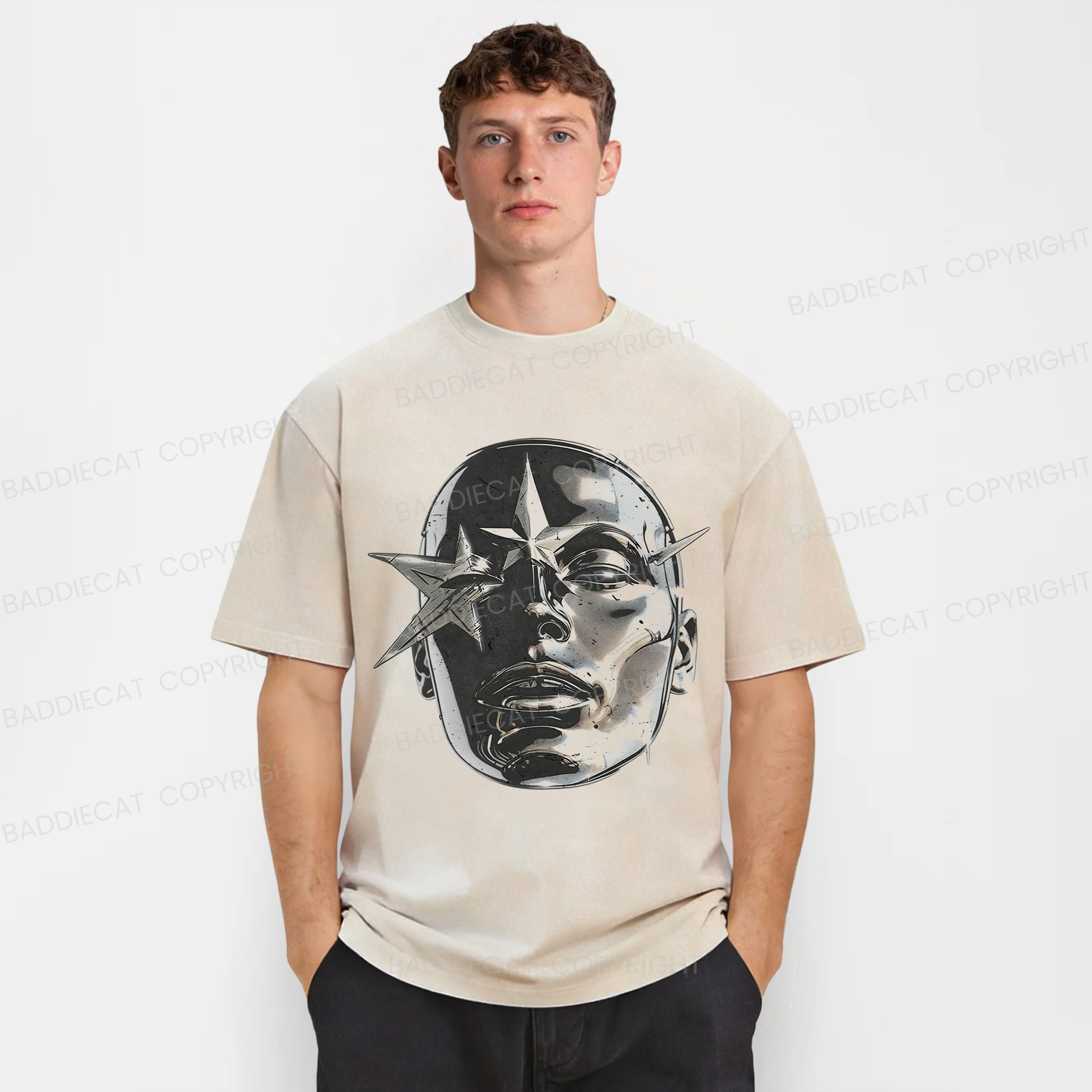 Baddiecat Metallic Texture Face Pattern Washed T-shirt
