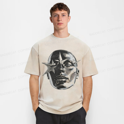 Baddiecat Metallic Texture Face Pattern Washed T-shirt