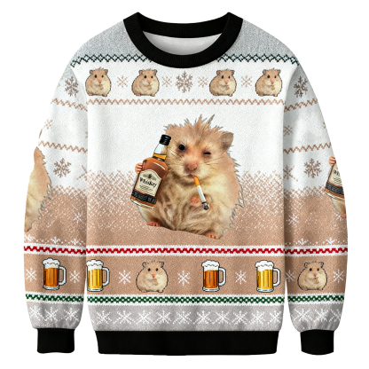 Baddiecat Hamster With Whiskey And Cigarette Christmas Ugly Sweatshirt