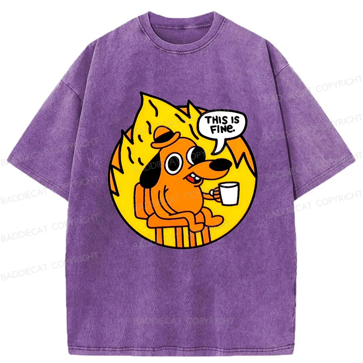 Baddiecat This Is Fine Dog On Fire Washed T-shirt
