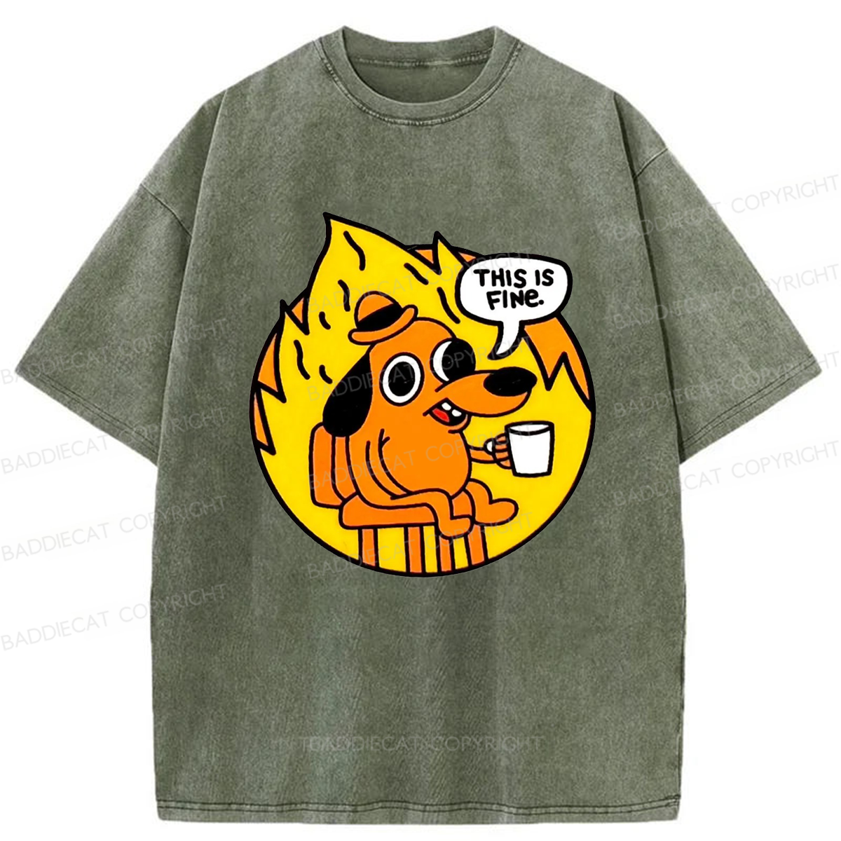 Baddiecat This Is Fine Dog On Fire Washed T-shirt