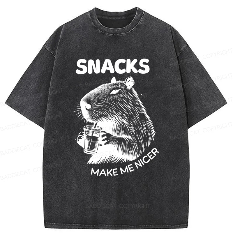 Baddiecat Capybara Eating Snacks Washed T-shirt