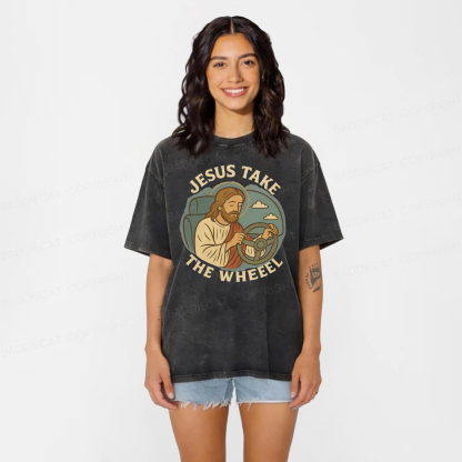Baddiecat Jesus Take The Wheel Washed T-Shirt