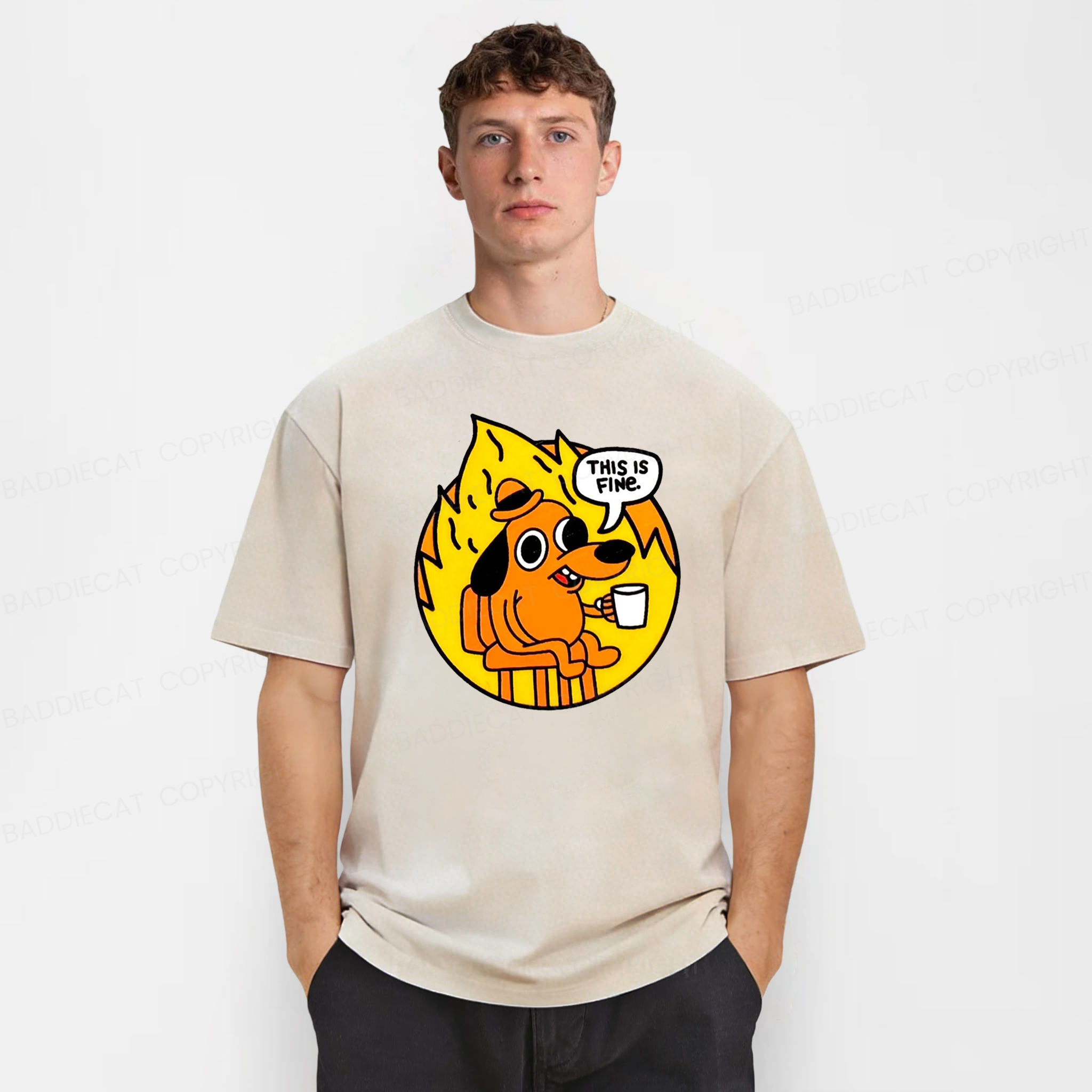Baddiecat This Is Fine Dog On Fire Washed T-shirt
