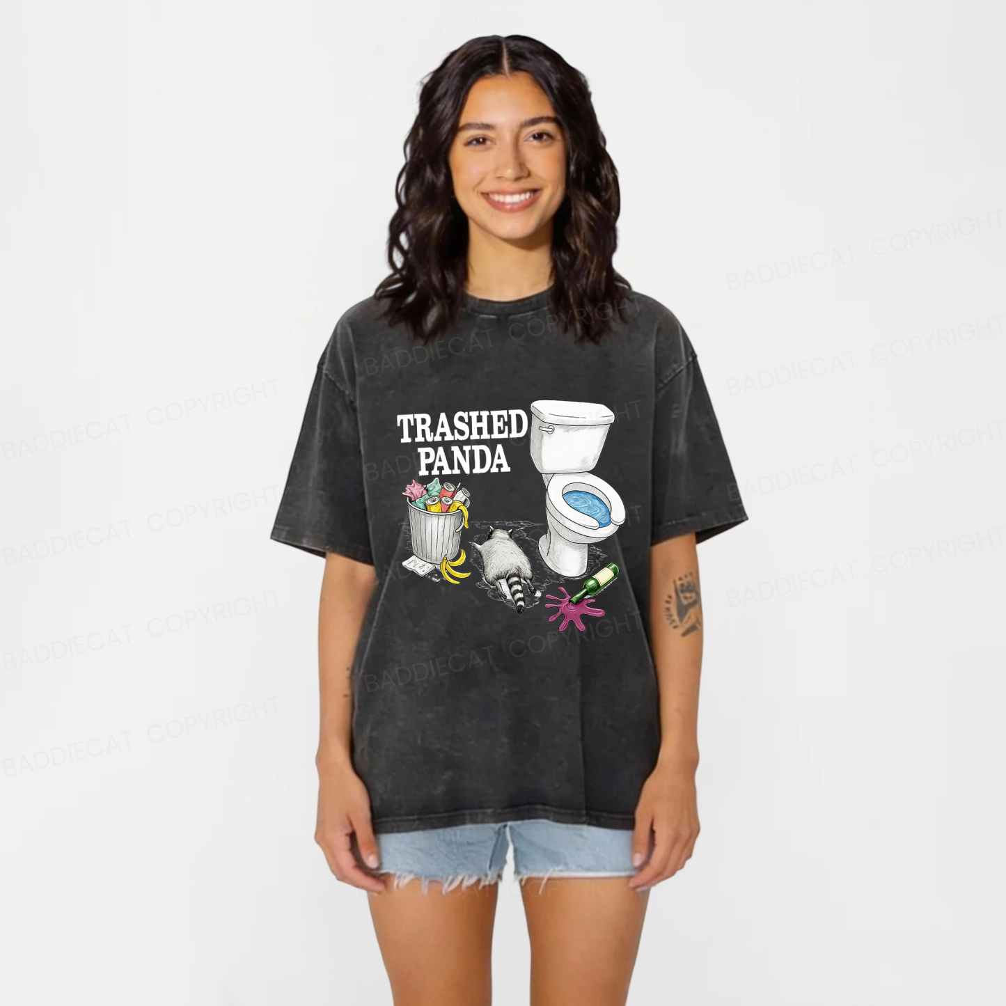 Baddiecat Drunk Raccoon Fun Washed T-shirt